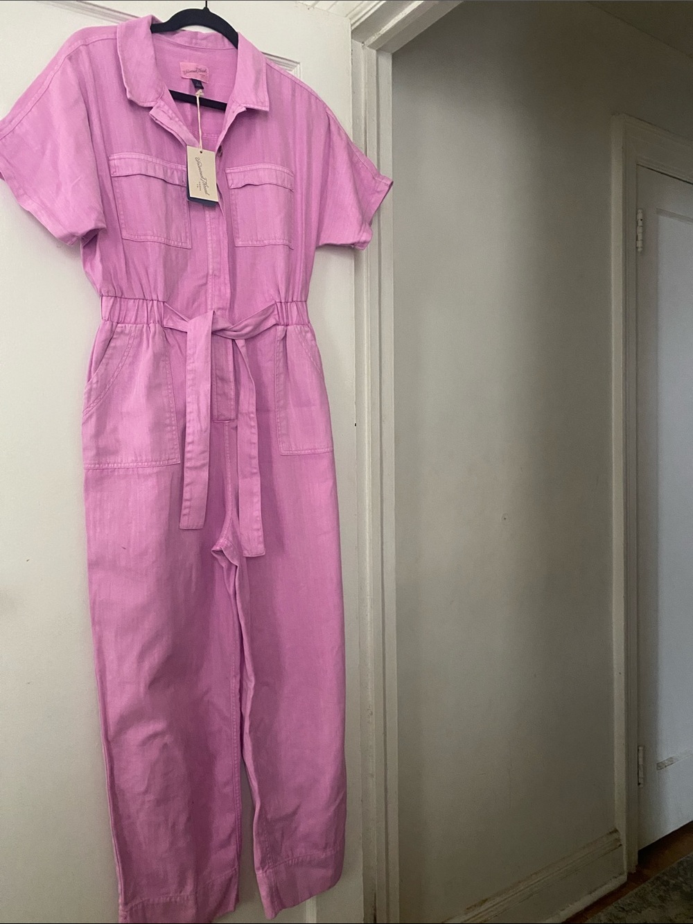 Universal Thread Pink Short-Sleeve Tie-Waist Utility Jumpsuit - Picture 2 of 10